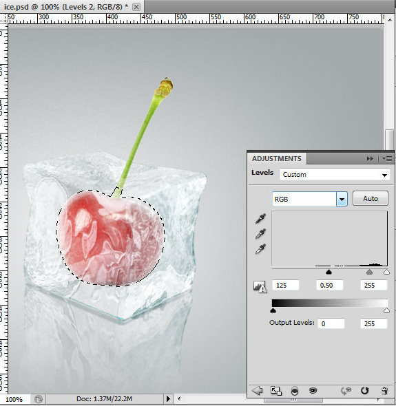 Ice cube 3D photoshop tools tutorial. 3D scene ice cube and cherry inside, ice txture effect in photoshop, ice reflection, 3D rendering, 3D light effects, realistic ice effectt, winterphotoshop  ideas